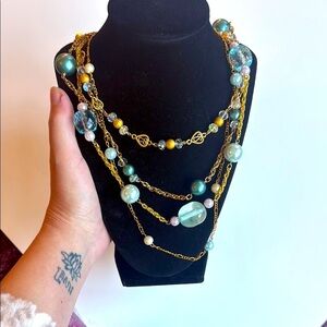 Elegant Multi-Layered Gold Tone and Blue Statement Necklace